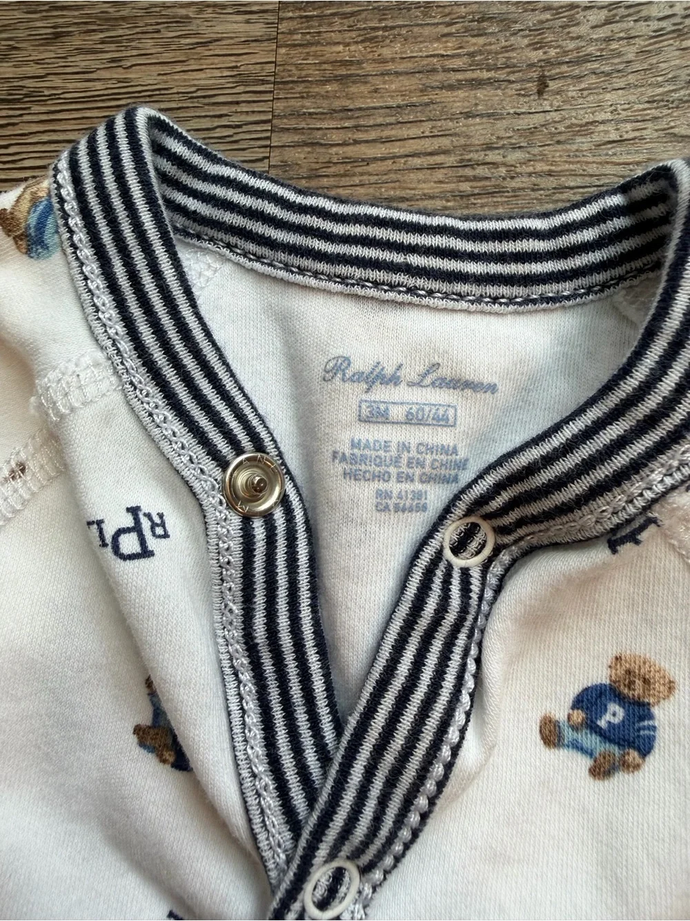 Ralph Lauren Cream Footie One-Piece with Navy Trim and Blue Print